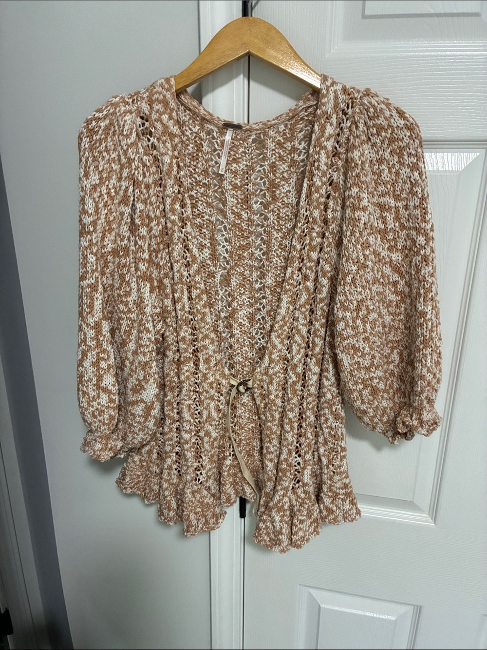 Free People Open-Knit Tie Front Cardigan in Cream & Tan